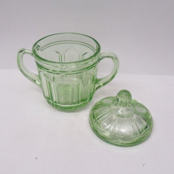 Hocking Green COLONIAL Knife and Fork Two-Handled Sugar Bowl with Lid - Picture 3 of 4